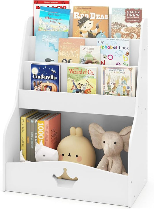 HONEY JOY Kids Bookshelf and Toy Storage, 3-Tier Wooden Toddler Bookcase, Children Book Rack, Large Storage Cubby Cabinet, Book Shelf for Kids Rooms, Playroom, Nursery, Classroom, White