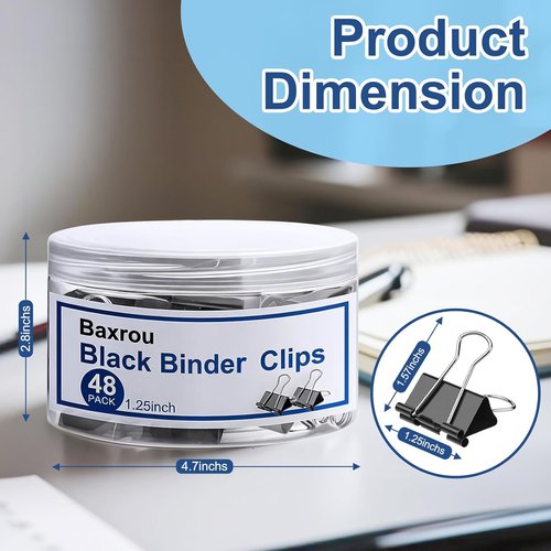 Regine Switzerland Medium Binder Clips - 1.25 Inch (48 Pack) with Container | Durable Black Paper Clamps for Office & Home