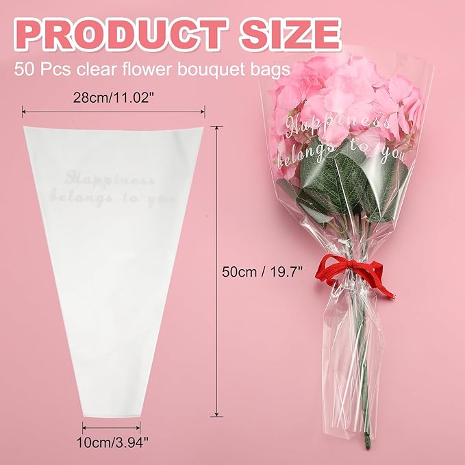 YELARXI Clear Flower Wrapping Bags, Transparent Flower Packaging Bag Waterproof Bouquet Sleeves with Letter - Fitting for (Florists/Floral Arrangements Supplies), 13x3.9x19.7 Inch & 50Pcs