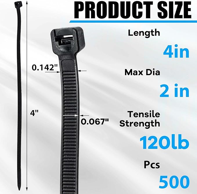 Reallnaive 500 Pcs 4 Inch Zip Ties Heavy Duty 120 Lbs Tensile Strength Black Nylon Wire Cable Ties Bulk for Indoor Outdoor