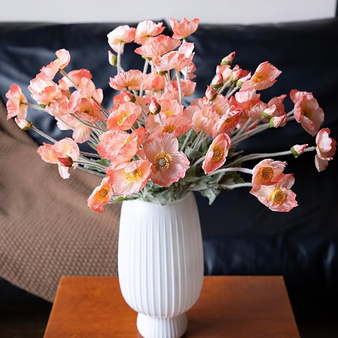 Artificial Flowers 6 Stems Poppy Silk Bouquet,for Wedding, Home, Party Decoration,Table Centerpiece Arrangement(Orange Pink 6pcs)