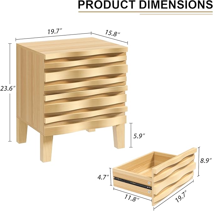 UEV Solid Wood Nightstand Set of 2, 19.7" W Boho Nightstand with 2 Drawers, Fluted Wood Night Stand, Mid Century Modern Bed Side Table for Bedroom, Ivory White