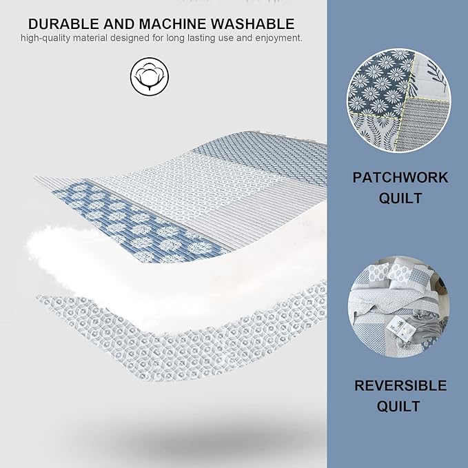 PANGUSHAN Quilt Set King Size, 100% Cotton Bedspread Quilt Bedding Set, Patchwork Reversible Floral Quilt for King Bed, Blue/Grey/White Bed Spread, Lightweight Comforter for All Season, 3 Pieces