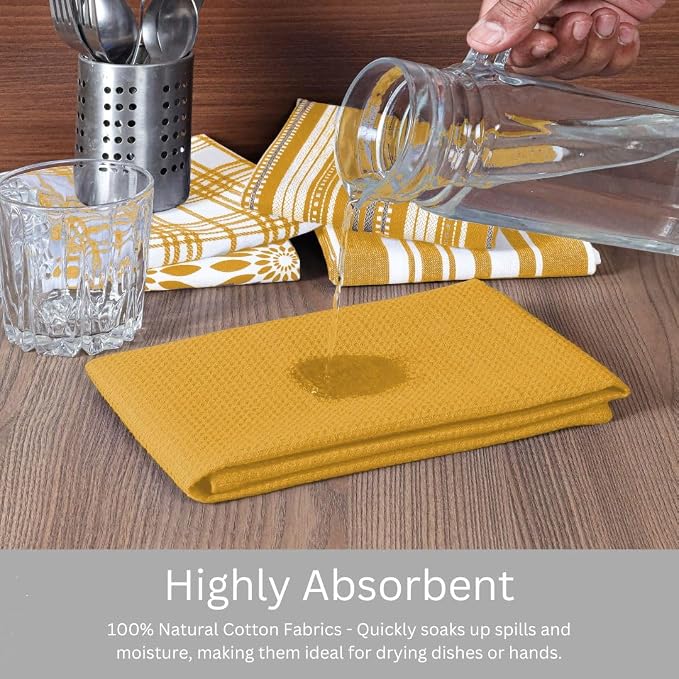 Assorted Kitchen Towels Set of 5-100% Cotton Dish Cloths Towels with Hanging Loop - Soft, Absorbent & Washable for Kitchen Use - Quick Drying Dish Towels 16x26 Inch Mustard Yellow