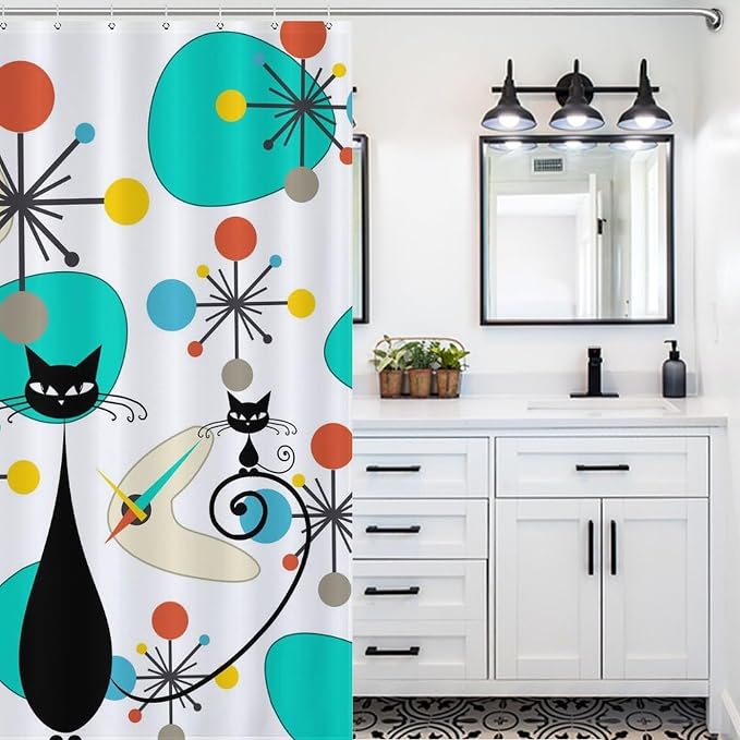 Mid Century Modern Cat Shower Curtain,Retro Abstract Atomic Starburst Geometric Diamond Pattern Shower Curtains Set for Bathroom Fabric Decorative Bath Curtain Washable Curtain Hooks, 72x72”