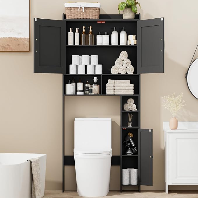 Homhedy Over The Toilet Storage Cabinet with 2 Barn Door and Toilet Paper Holder Stand, FreeStanding Toilet Shelf Space Saver, for Bathroom, Restroom, Laundry, Black