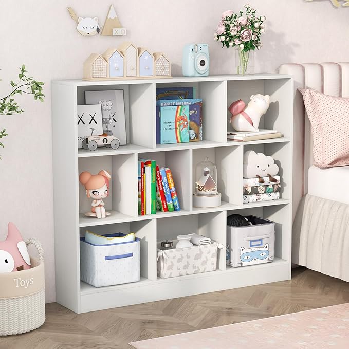 HONEY JOY Kids Toy Storage Organizer, 10-Section Wooden Floor Storage Cabinet, 41” Daycare Toy Chest, 3-Tier Kids Display Bookshelf for Classroom, Playroom & Nursery, Kindergarten (White)