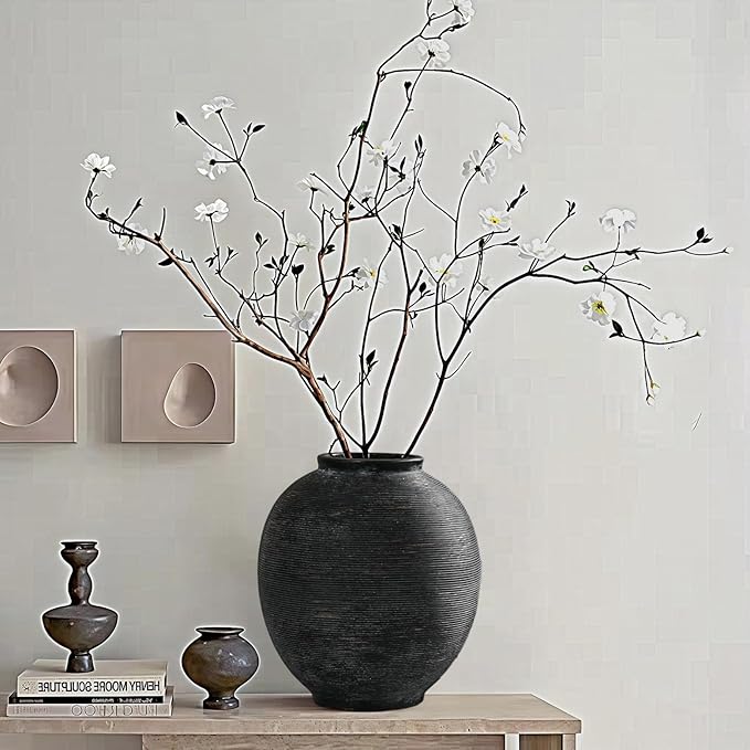 Black Round Ceramic Vase, 9.8 inch Large Textured Flower Vase,Minimalist Rustic Farmhouse Decor for Home, Living Room, Shelf, Table, Bathroom & Entryway Decoration (Black Bronze)