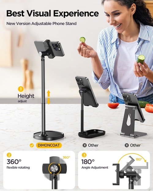 DIMONCOAT Adjustable Phone Stand - Aluminum Alloy Desk Holder for iPhone 17/16/15 Pro Max | Retractable Design