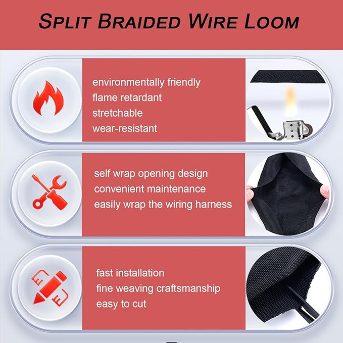 Braided Split Wire Loom Black Wire Cover Protective Harness Tubing Cable Management Self Wrap Cord Sleeve Mesh Woven 1/2"-35ft