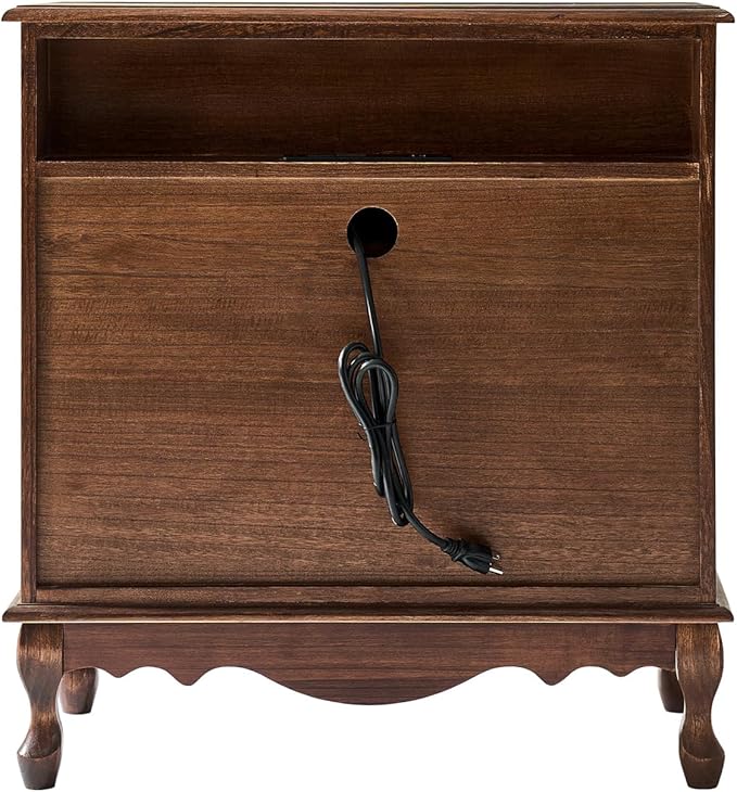 HULALA HOME Transitional Side Table with 3 Drawers and Charging Station, 28" Solid Paulownia Wood Sidetable with Vertical Stripe, Walnut