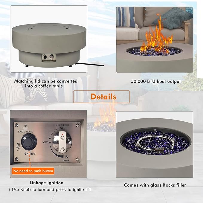 Propane Outdoor Fire Pit Table, Flint & Concrete Look 32.5-inch Round Patio Propane Fire Table 50,000 BTU w/Lid, Glass Rocks, Cover, Pre-Attached 10ft Hose