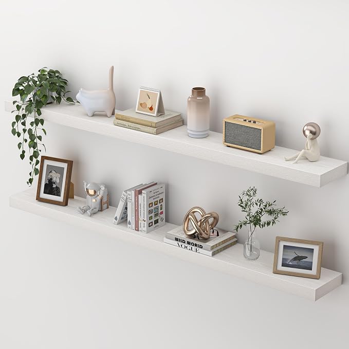 Heimlove 55 Inch Floating Shelves for Wall,Extra Long Mounted Storage wall Shelves with Invisible Metal Bracket for Bedroom Living Room Kitchen Office Set of 2,White