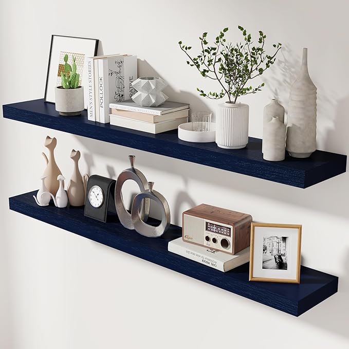 fuqing Dark Blue Floating Shelves 48 Inch, Solid Wooden Wall Shelves Set of 2, Rustic Floating Wall Shelves for Decor & Storage for Living Room Bedroom Bathroom