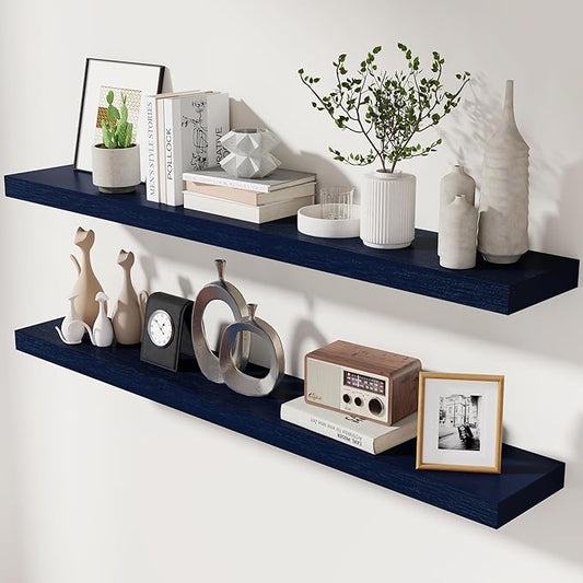 fuqing Dark Blue Floating Shelves 48 Inch, Solid Wooden Wall Shelves Set of 2, Rustic Floating Wall Shelves for Decor & Storage for Living Room Bedroom Bathroom
