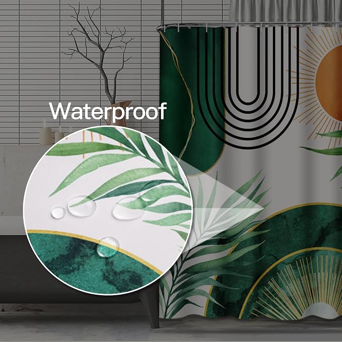 Emvency Shower Curtain Boho Leaves Minimalist Abstract Bohemian Mid Century Palm Botanical Modern Sun Green Bathroom Home Decor Waterproof Polyester Fabric 72 x 72 inches Set with Hooks