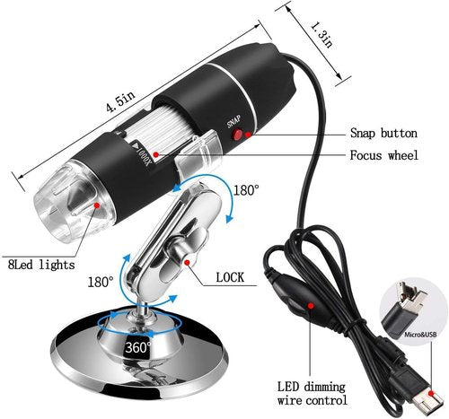Jiusion Digital Microscope - 40 to 1000x Magnification, 8 LED Mini Camera with OTG Adapter | Compatible with Mac & Windows