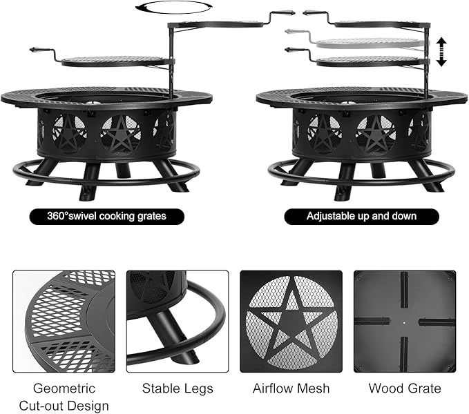 OutVue 36 Inch Fire Pit with 2 Grills, Wood Burning Fire Pits for Outside with Lid & Poker, BBQ& Outdoor Firepit & Round Metal Table 3 in 1 for Patio, Picnic, Party