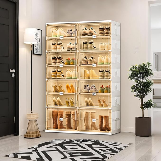 wesimple 28 Pairs Shoes and Boots Storage Cabinet of 3-Step Fast Installation,Plastic Shoe Box with Clear Magnetic Door for Display, Shoe Organizer for Sneaker, Sandals, Heels (2 Row, 7 Tier)