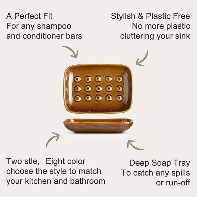 Miamolo Soap Dish for Shower, Ceramic Soap Dish for Bar Soap Sponge, Soap Holder Saver Tray for Bath Kitchen Sink Bathtub, Farmhouse Decor, Raised Pattern - Keep Soap Dry, Dark Brown