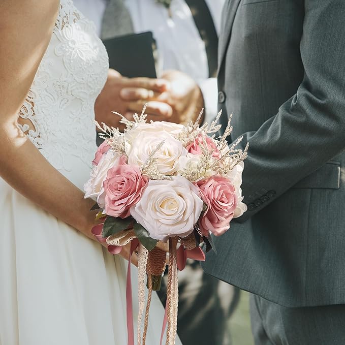 Wedding Bouquets for Bride, Champagne White & Pink Bridal Bridesmaid Wedding Flowers, Artificial Toss Rose for Civil Ceremony (Jute Rope Handle)