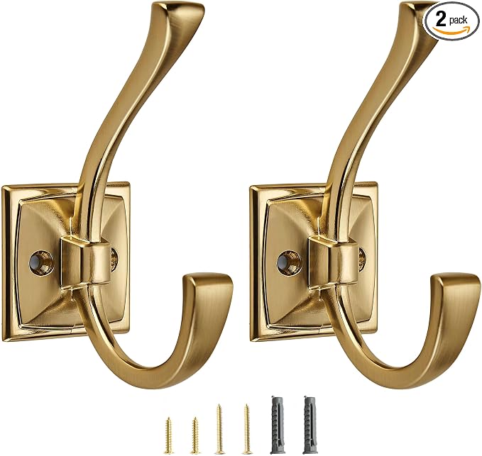 2 Pack Decorative Heavy Duty Towel Hooks for Hanging Robe Double Champagne Bronze Coat Hooks Wall Mounted with Screws for Key, Towel, Bags, Cup, Hat