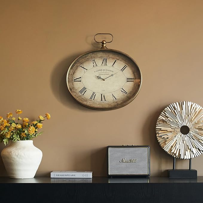 Large Decorative Wall Clock - 20 inch, Distressed Gold, Oval Pocket Watch Design, Roman Numerals, Battery Operated, Large Antique Style for Living Room, Kitchen, Bedroom Decor