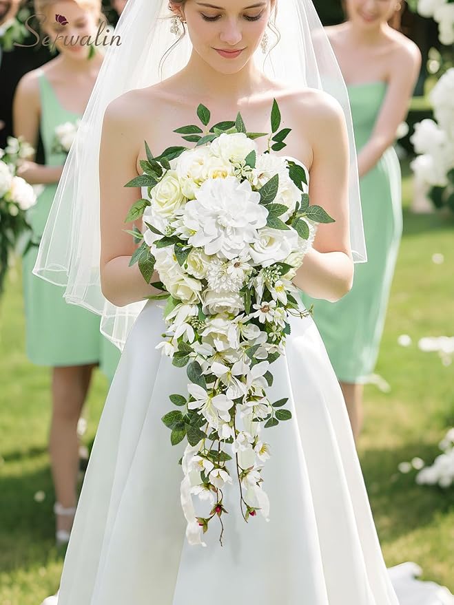 Serwalin 11Inch Bridal Bouquet White Green Wedding Bouquets for Bride Bridesmaid Artificial Wedding Flowers for Wedding Ceremony Anniversary