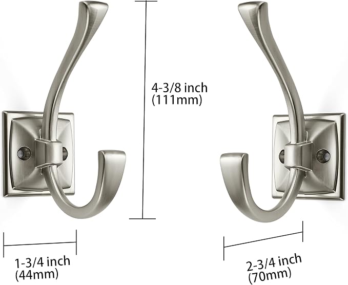 Large Wall Hooks 5 Pack Brushed Satin Nickel Coat Hooks Hardware Towel Hooks for Hanging Coats 4.35 Inch Double Robe Hooks Wall Mounted with Screws for Key, Towel, Bags, Cup, Hat