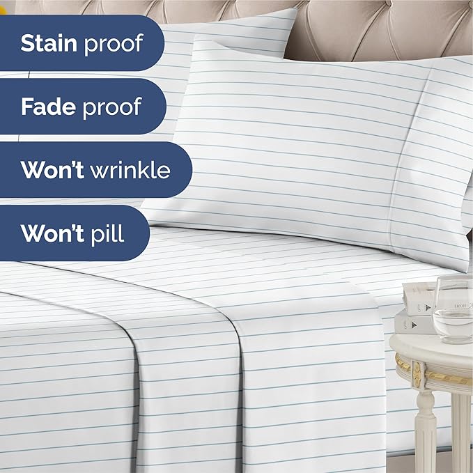 Striped Sheets - Blue & White Striped Sheets - 1 Flat & 1 Fitted & 2 Pillowcases w/ Deep Pockets – Wrinkle & Fade Free - Soft, Breathable and Cooling – Luxury Pinstripe Bedding - Queen Size Bed Set