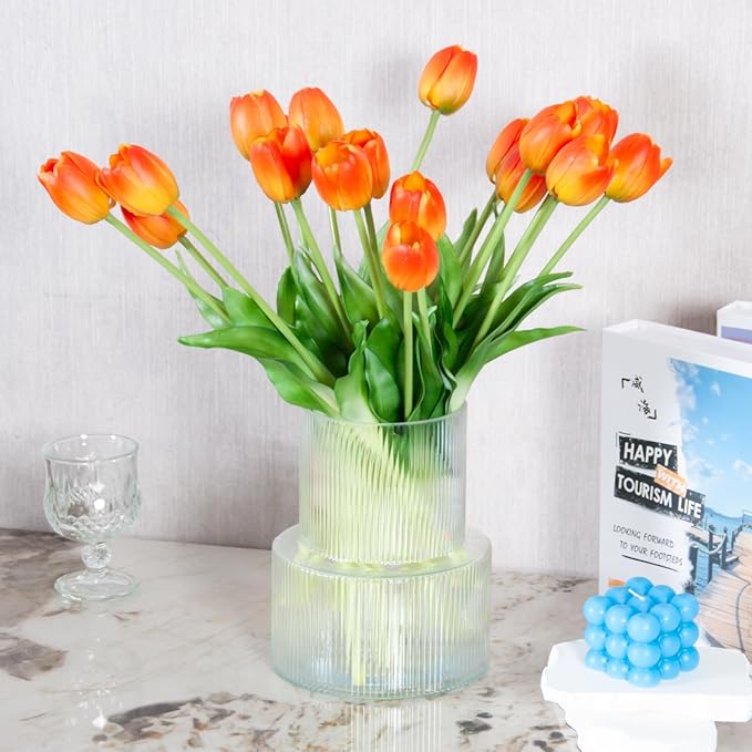 20 Artificial Tulips in Fluted Glass Vase, Waterproof Faux Flowers Bouquet for Wedding Home Office Decor, Table Centerpiece, Housewarming Birthday Gift Set (Orange)