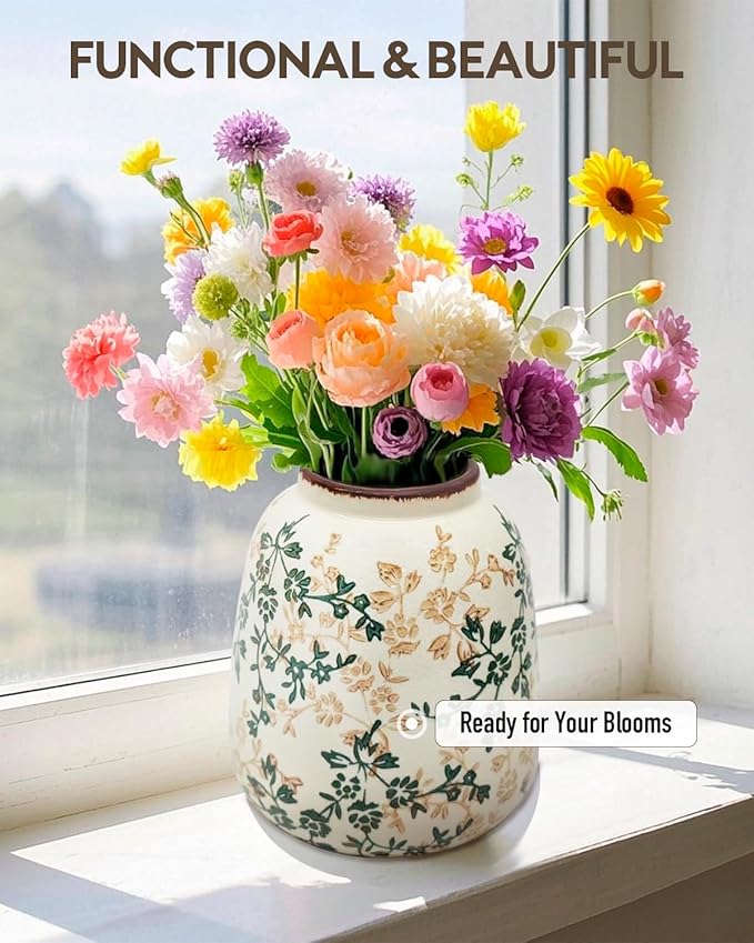 Vintage Ceramic Flower Mini Vase Home Decor - Tabletop Rustic Vase for Decor Living Room Bookshelf Office Kitchen Cottage, White Vases for Bouquet, Chinoiserie | Grand Millennial | 6.1inch