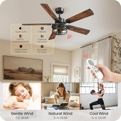 Farmhouse Ceiling Fan - 42 Inch with Remote, Timer & Dual Finish Blades | Rustic Walnut & Black