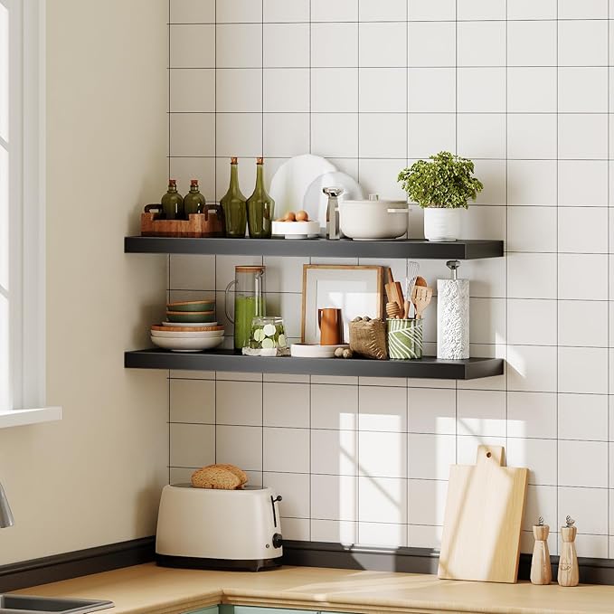 HOOBRO Floating Shelves for Wall, Wall Mounted Shelf Set of 2, 39.4" Hanging Shelf with Invisible Brackets, for Wall Decor Storage in Bathroom Bedroom Kitchen Living Room Office, Black BK100BJP201