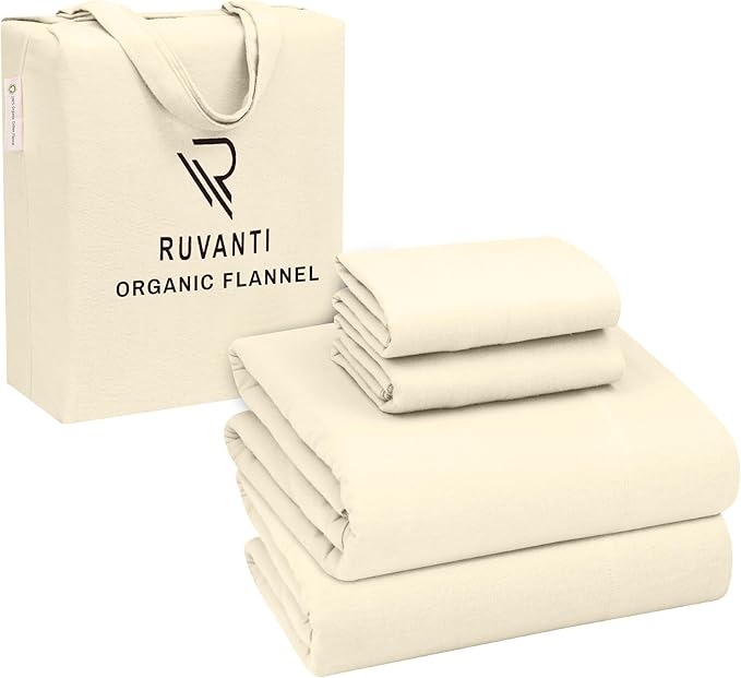 RUVANTI Flannel Sheets Full Size - GOTS Certified 100% Organic Cotton, 4 Piece Warm, Soft & Breathable Set, Deep Pocket Snug Fit, Double Brushed Cozy All Season Bedding, Winter White