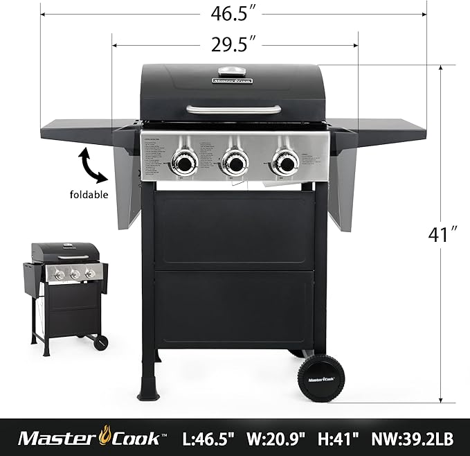 MASTER COOK 3 Burner BBQ Propane Gas Grill, 472 Sq. In. Cooking Area, 30,000 BTU Stainless Steel Barbecue Grill with Two Foldable Shelves for Outdoor Patio, Backyard