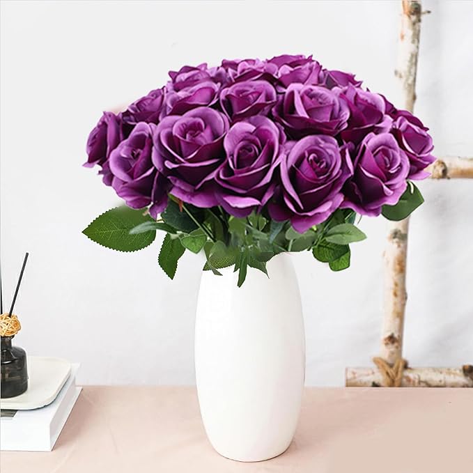 Artificial Rose Flower Artificial Flowers Flower with Long Stem Silk Roses Bouquet for Wedding Bridal Shower Party Home Decoration (Plum, 12 Pcs)