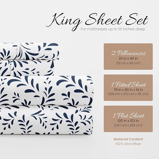 Linen Market 4 Piece King Sheet Set - Breathable, Double-Brushed Patterned Cooling Sheets – Oeko-TEX Certified Ultra Soft & Wrinkle-Free 16" Deep-Pocket King Sheets - Easy Care Burst of Vines Navy