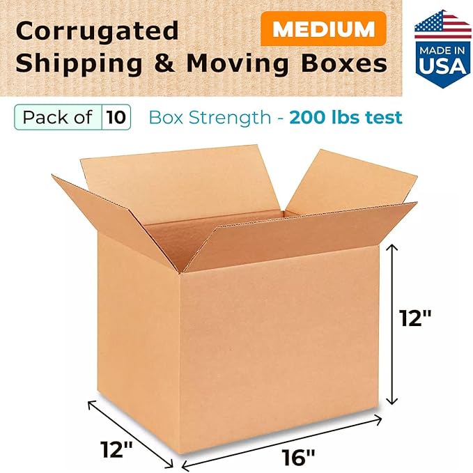 Medium Shipping & Moving Boxes 16x12x12 inches (10-Pack) - Extra Strength 200 lb vs Regular - Corrugated Boxes for Packaging Moving and Delivering - Square Box by IDL Packaging