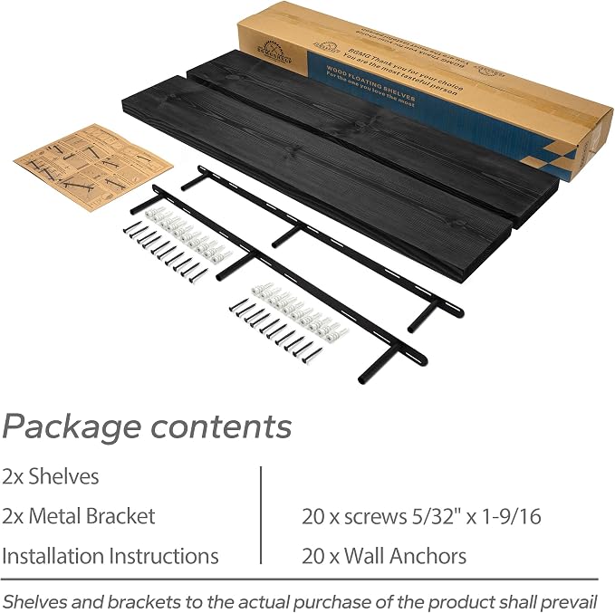 BGMG Wood Floating Shelves for Wall 60 inch Set of 2,Black Floating Shelves,Solid Wood Wall Mount Shelves for Living Room Bedroom Kitchen Farmhouse -60x6.7x1.75 inch