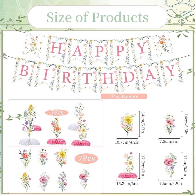 Flower Birthday Decorations for Girls Women, 14PCS Wildflower Floral Happy Birthday Banners Hanging Swirls and Honeycomb Centerpieces Decor Supplies