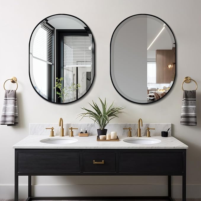 POZINO Oval Beveled Mirror, 22"x30" Bathroom Vanity Mirror Over Sink, Pill Shaped Capsule Wall Mounted Mirrors, Modern Oblong Mirrors for Living Room Bedroom Entryway, Hangs Vertically or Horizontally