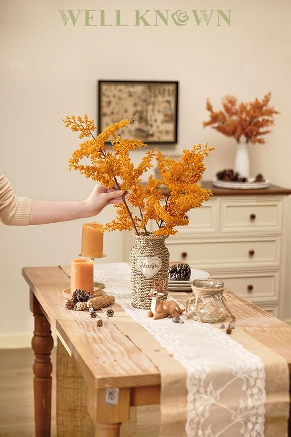 WELL KNOWN 4 Pcs Glitter Artificial Cedar Spray 19.5" Orange Floral Picks Faux Cedar Pine Branches Stems, Orange Floral Arrangements for Home Vase Wedding Wreath Xmas Tree Holiday Decoration Gift
