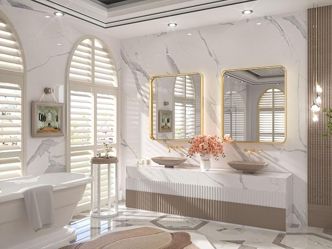 TETOTE 32 x 36 Inch Brushed Gold Frame Mirror, Bathroom Vanity Mirror for Wall, Modern Rectangle Round Corner Matte Framed Mirror (Horizontal/Vertical)
