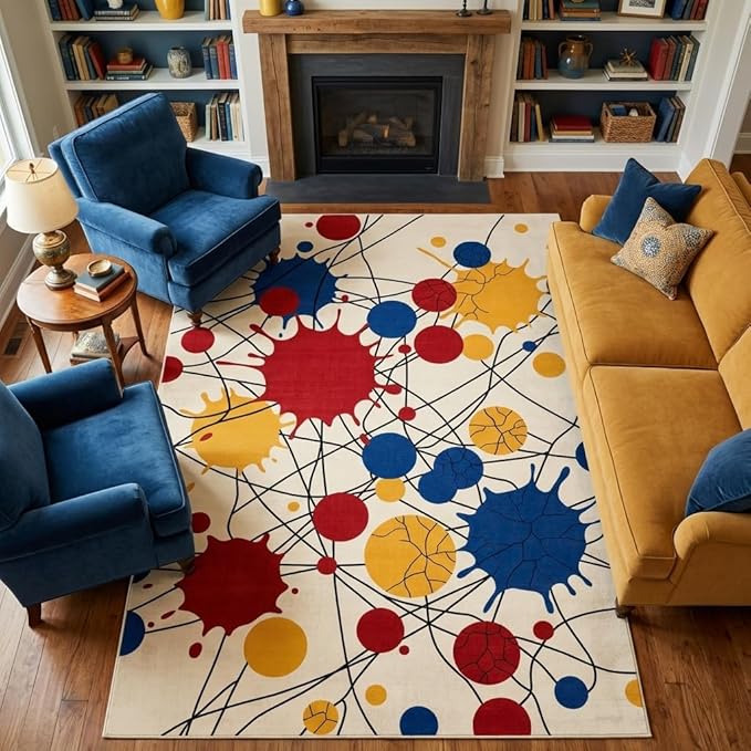 5x7 Modern Abstract Design Area Rugs for Living Room, Colorful Paint Splatter Washable, Non-Slip Soft Short Pile Carpet for Kids Room, Bedroom & Playroom