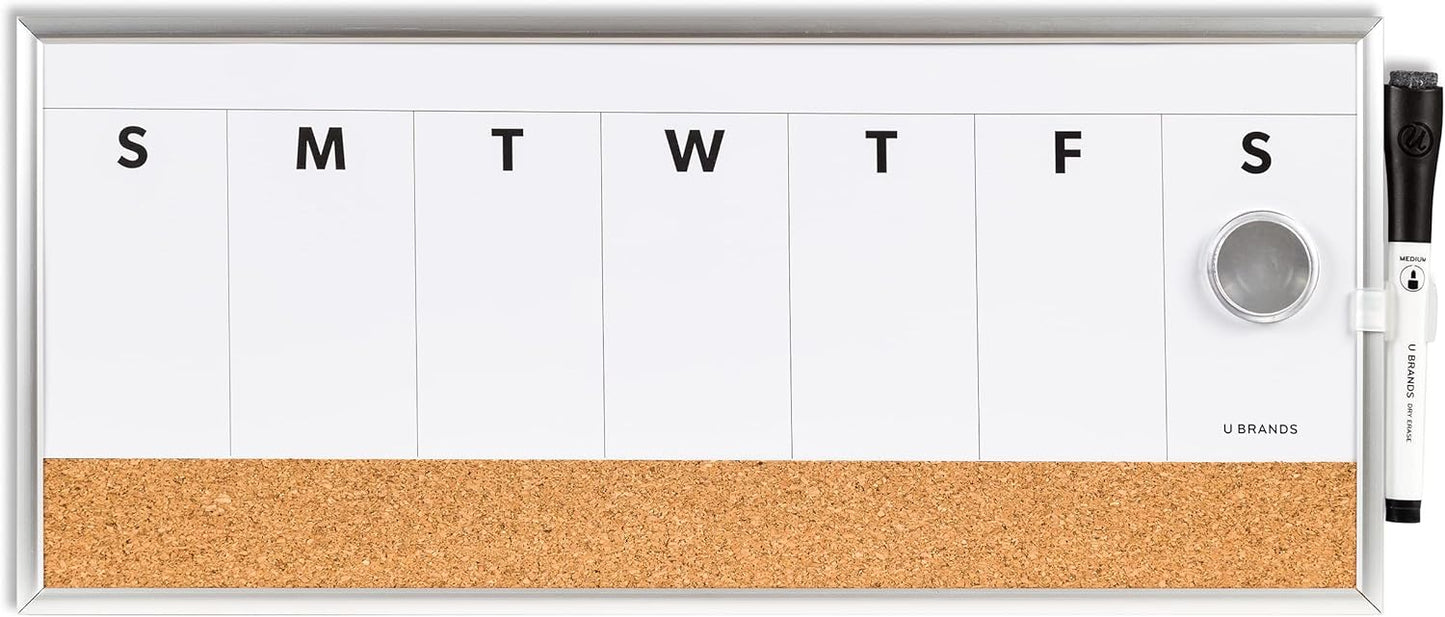 U Brands Dry Erase Weekly Combo Board - 7" x 16" Inches | Silver Aluminum Frame, Perfect for Office Use