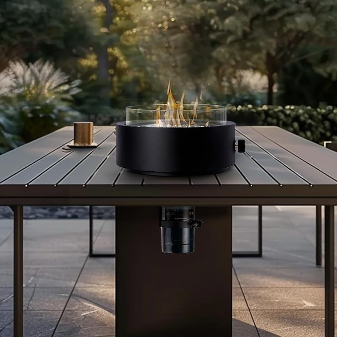14-Inch Round Propane Fire Pit, 10000 BTU Portable Tabletop Fireplace with Glass Stones, Umbrella Hole Compatible for Outdoor Patio Tables & Camping, Black