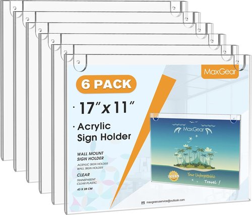 MaxGear Acrylic Sign Holder - 11 x 17 Inch Clear Wall Mount Frame with Adhesive Tapes | 6 Pack for Office & Home