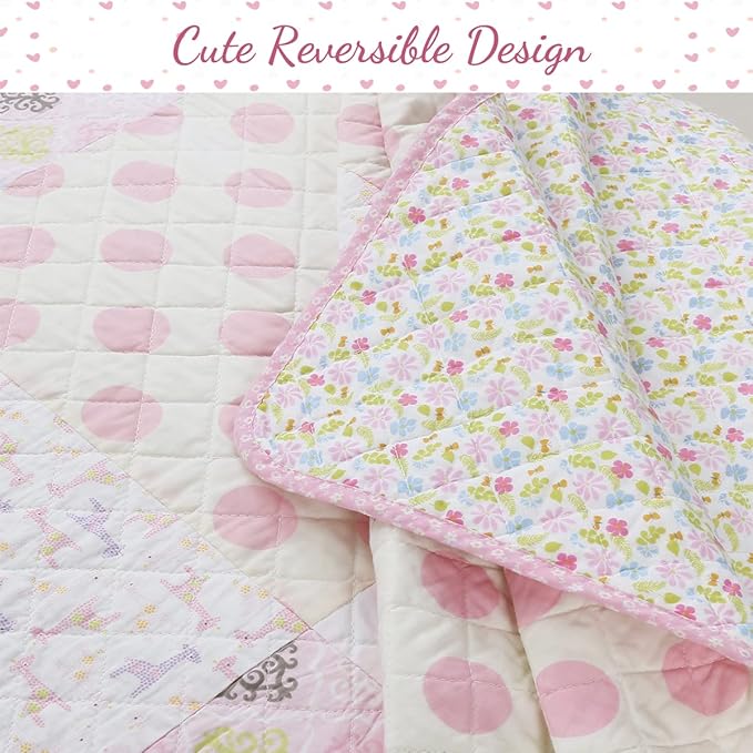 Cozy Line Home Fashions Pink Blue Green Heart Polka Dots Girl 100% Cotton Reversible Quilt Bedding Set, All-Season Coverlet, Bedspreads (Helaine Patchwork, Twin-2 Piece)