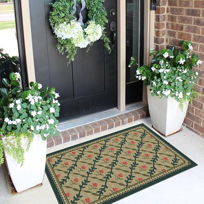 Front Door Mat Outside Entrance - 2x3 Non-Slip Washable Doormat Indoor Outdoor Entrance Jute-Look Floral Rug Welcome Mat Small Throw Rugs for Entryway Bedroom Kitchen Mudroom Front Porch Decor